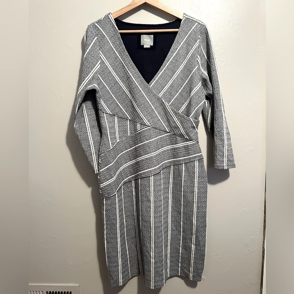 Anthropologie Maeve Striped‎ V-neck Surplice 3/4 Sleeve Cotton Blend Dress